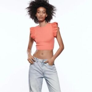 Zara Coral Ruffle Sleeve Top